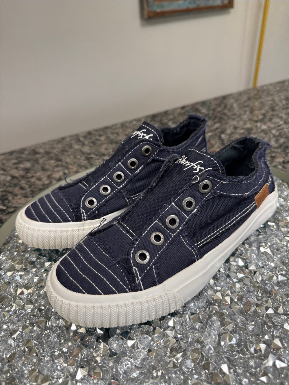 Blowfish Navy Canvas Slip-On Sneakers with White Sole and Contrast Stitching
